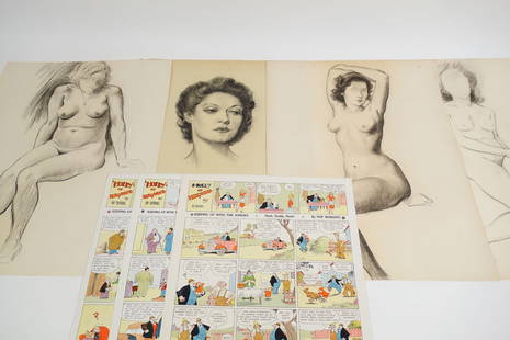 Orig Pop Momand Grp 4 Drawings Portrait Nudes, 3 Comic Strip Page Proofs, Keeping up w the Joneses: This is an original group of drawings and comic strip proofs by Pop Momand (nee Arthur Ragland)(American, 1887-1987). Momand was a cartoonist best known for his comic strips Keeping Up with the