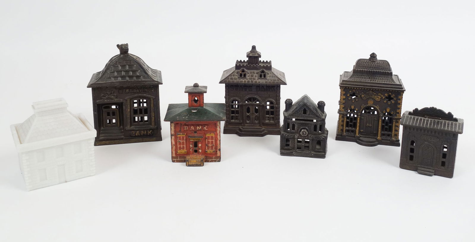 Antique 19c Group 7 Cast Iron Glass Still Coin Banks Building Motifs (1 of 12)