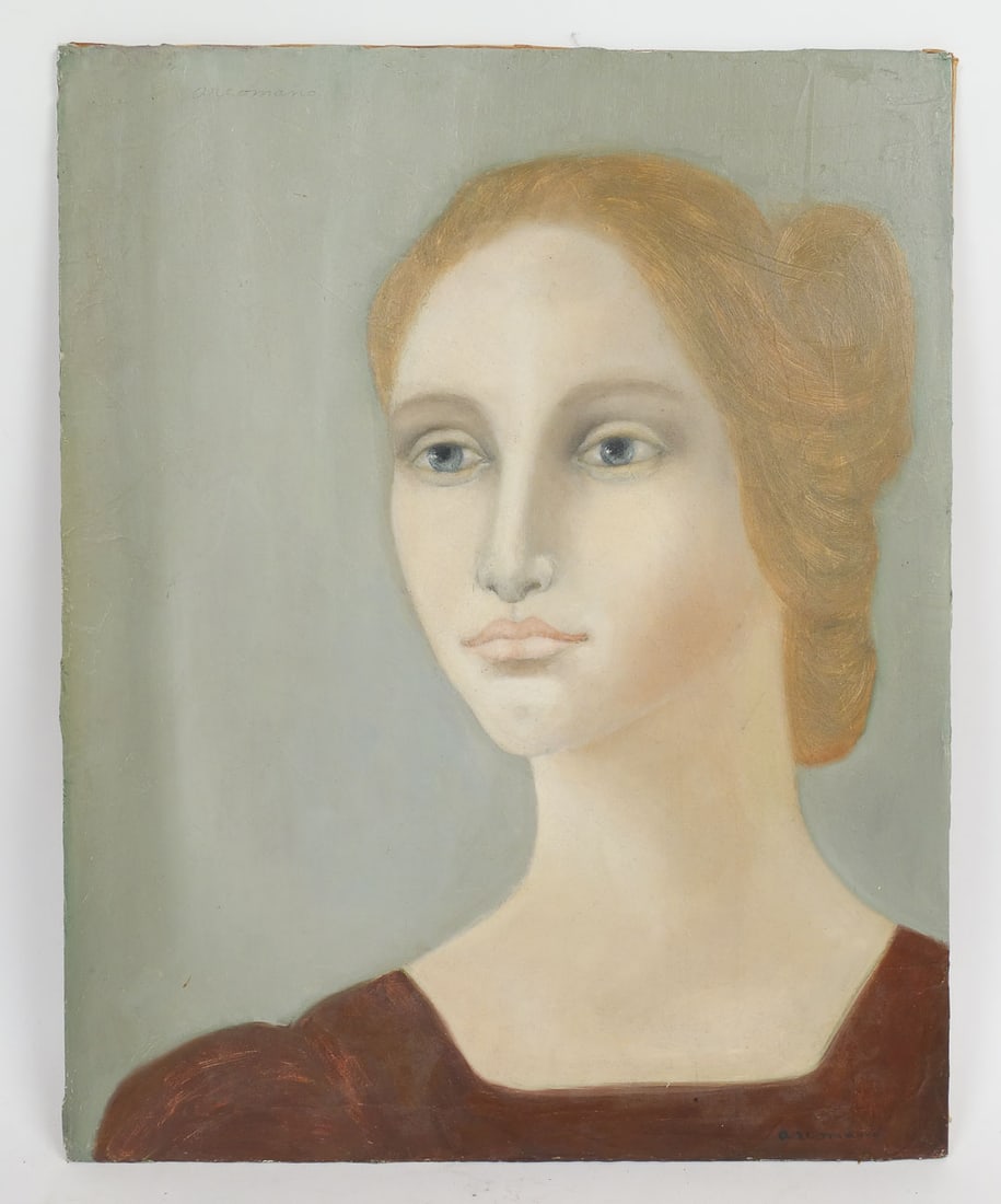 Signed 1972 Cathryn Arcomano Oil Painting Portrait of Woman: This is an original portrait oil painting on canvas board by artist Cathryn Buckley Arcomano (American, 1923-2012). Arcomano was an international artist who lived and worked in Manhattan. She had exhi