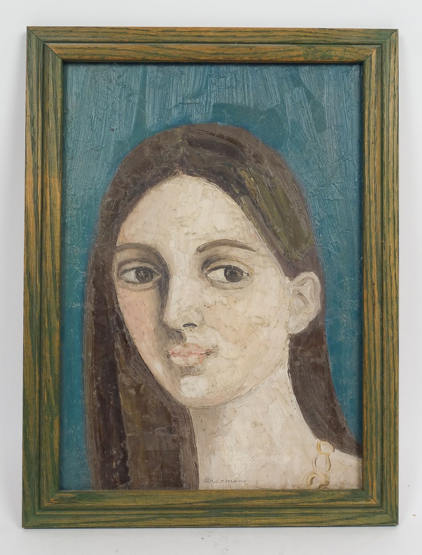 Signed 1971 Cathryn Arcomano Oil Painting Portrait of Woman: This is an original portrait oil painting on canvas board by artist Cathryn Buckley Arcomano (American, 1923-2012). Arcomano was an international artist who lived and worked in Manhattan. She had exhi