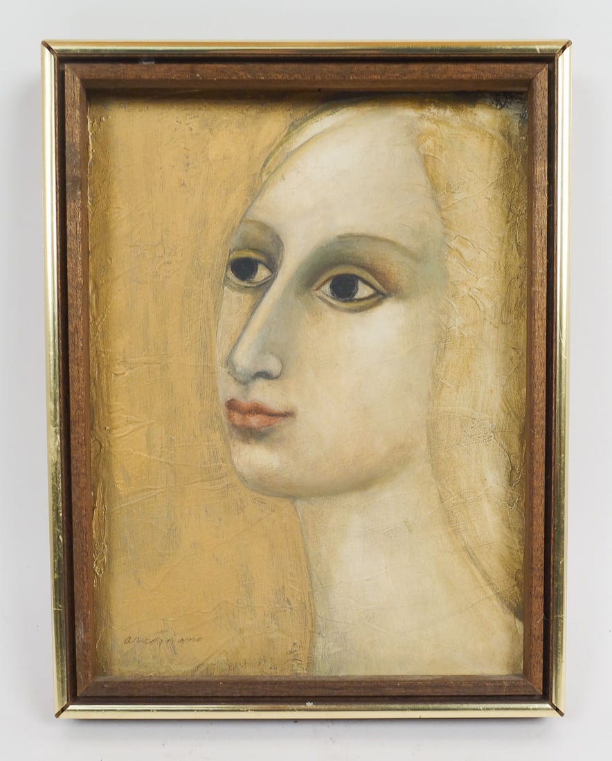 Signed 1973 Cathryn Arcomano Oil Painting Gold Portrait of Woman: This is an original portrait oil painting on canvas board by artist Cathryn Buckley Arcomano (American, 1923-2012). Arcomano was an international artist who lived and worked in Manhattan. She had exhi