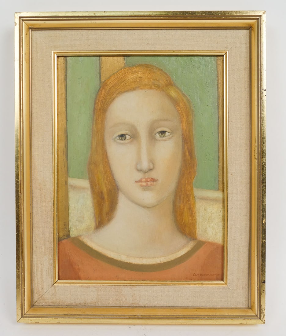 Signed 1972 Framed Cathryn Arcomano Oil Painting Portrait of Woman: This is an original portrait oil painting on canvas board by artist Cathryn Buckley Arcomano (American, 1923-2012). Arcomano was an international artist who lived and worked in Manhattan. She had exhi