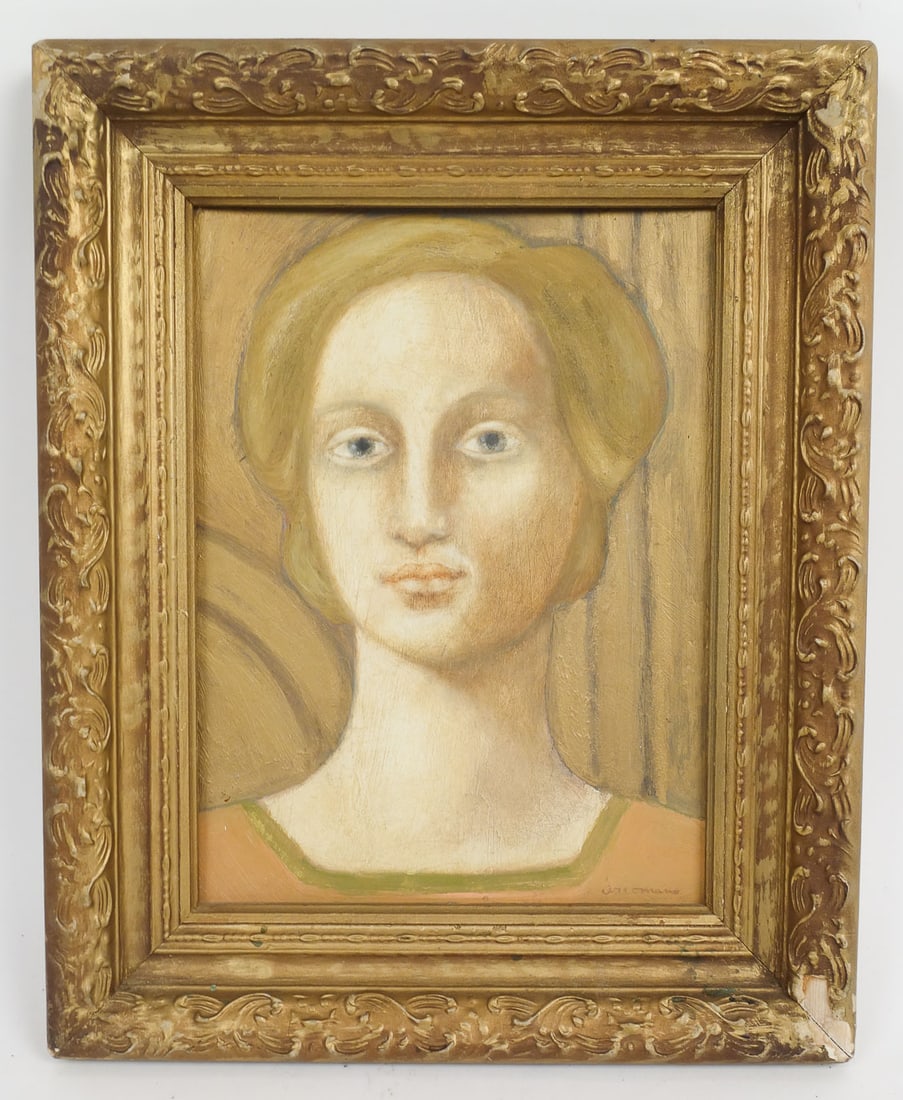 Signed 1973 Cathryn Arcomano Oil Painting Giltwood Gesso Framed Portrait of Woman: This is an original portrait oil painting on canvas board by artist Cathryn Buckley Arcomano (American, 1923-2012). Arcomano was an international artist who lived and worked in Manhattan. She had exhi