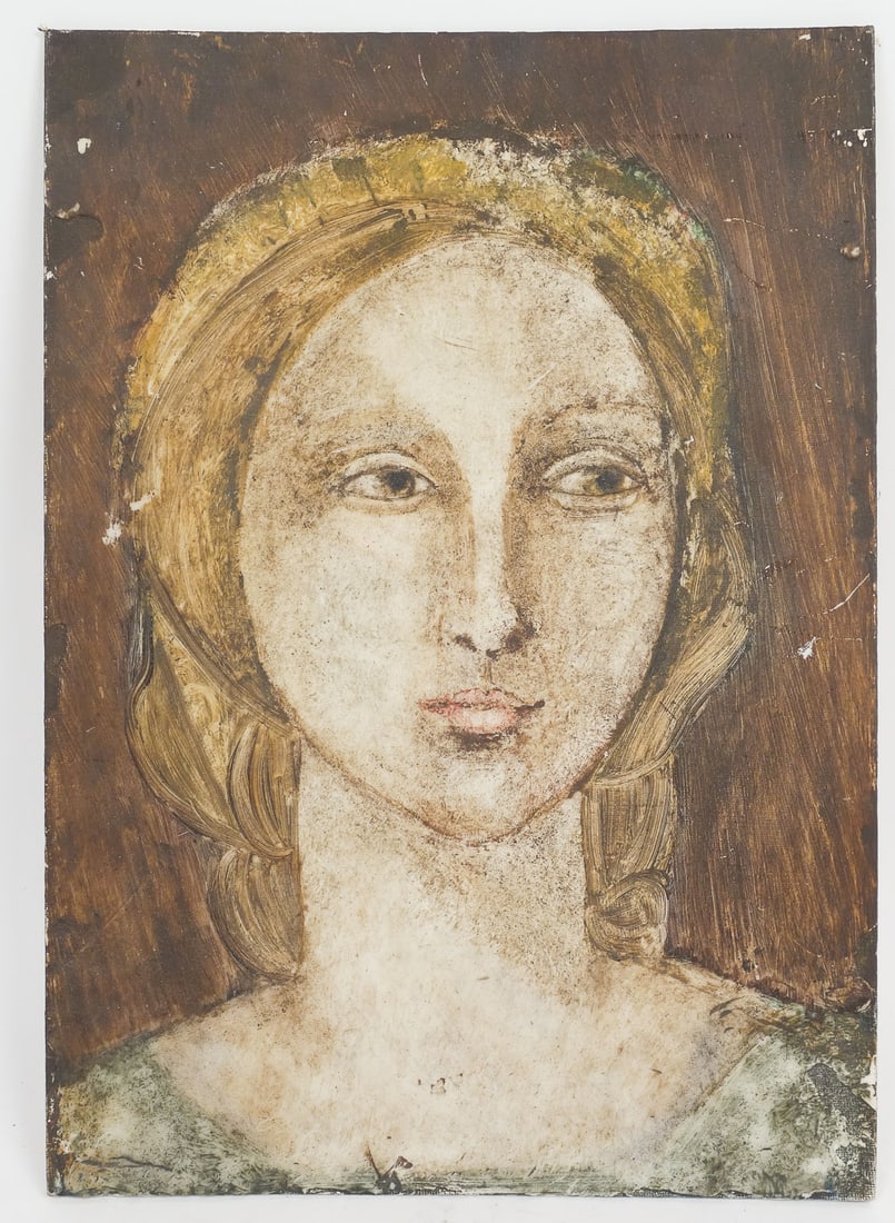 1973 Cathryn Arcomano Oil and Wax Painting Portrait: This is an original portrait oil and wax painting on canvas board by artist Cathryn Buckley Arcomano (American, 1923-2012). Arcomano was an international artist who lived and worked in Manhattan. She