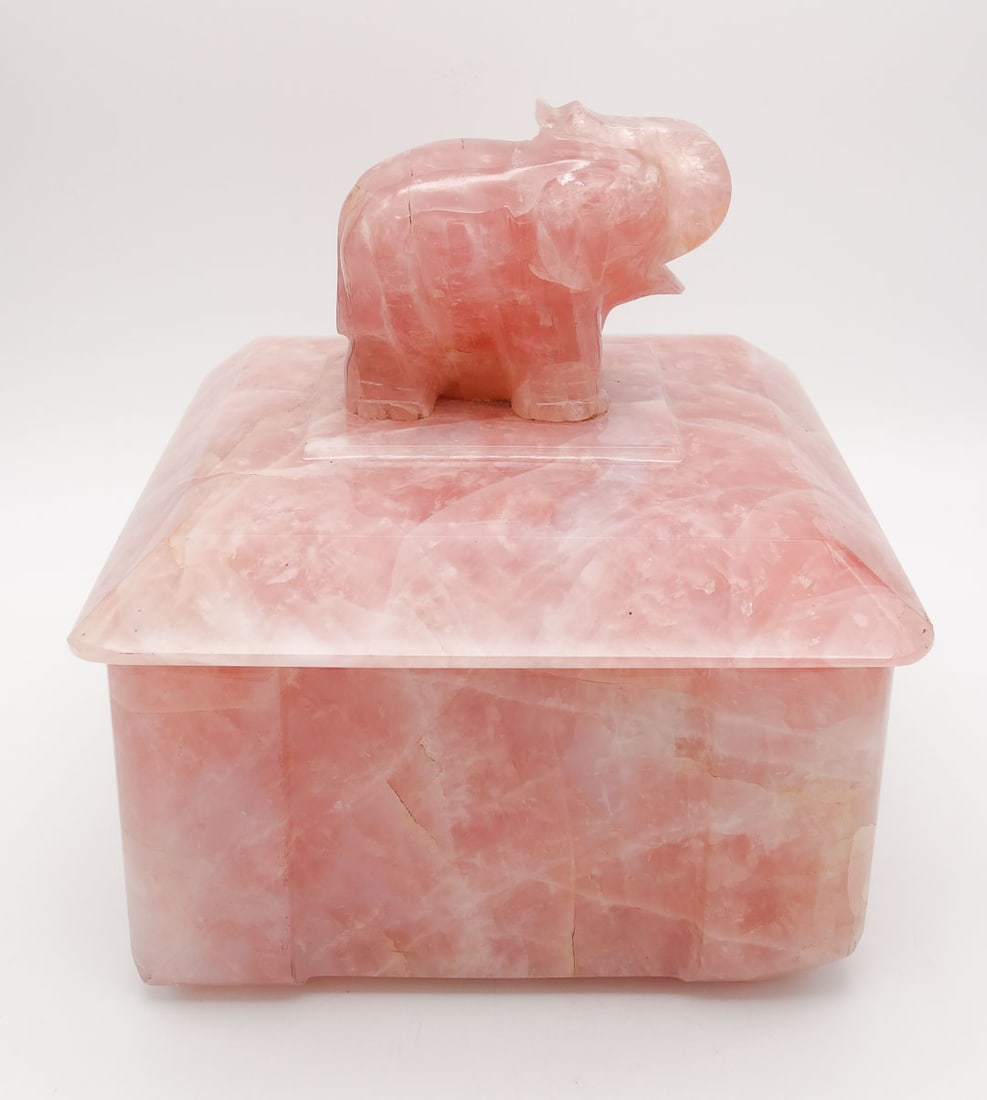 Antique Chinese Carved Rose Quartz Figural Elephant Box, Good Luck (1 of 13)