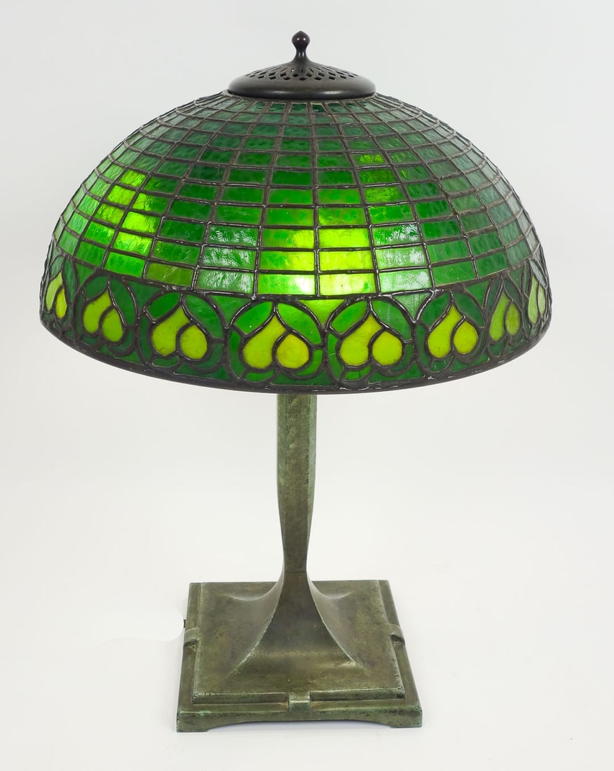 Antique Bigelow Kennard Bronze Table Lamp w Leaded Green Glass Leaf Motif Shade (1 of 16)