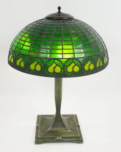 Antique Bigelow Kennard Bronze Table Lamp w Leaded Green Glass Leaf Motif Shade