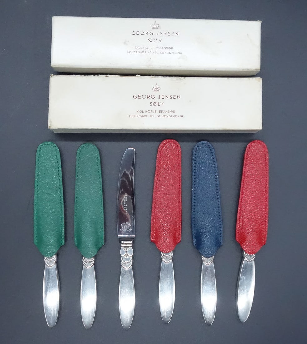 Vintage Set of 6 Georg Jensen Sterling Silver Cactus Hors D'oeuvres Knives w Orig Boxes No Mono (1 of 5)