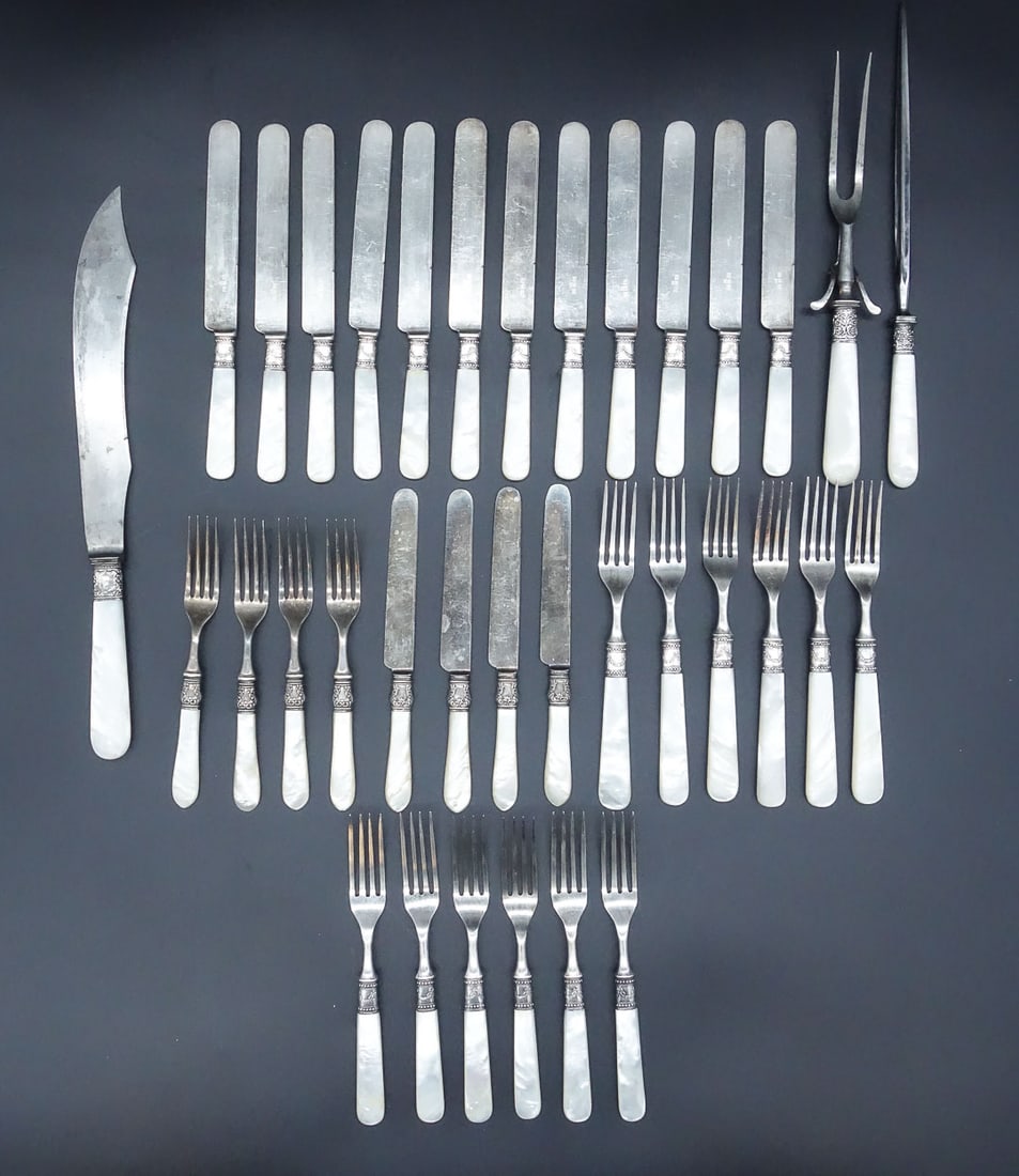 Antique Sterling Silver Mother of Pearl Fork and Knife 32 Piece Set Plus 3pc Carving Set (1 of 5)