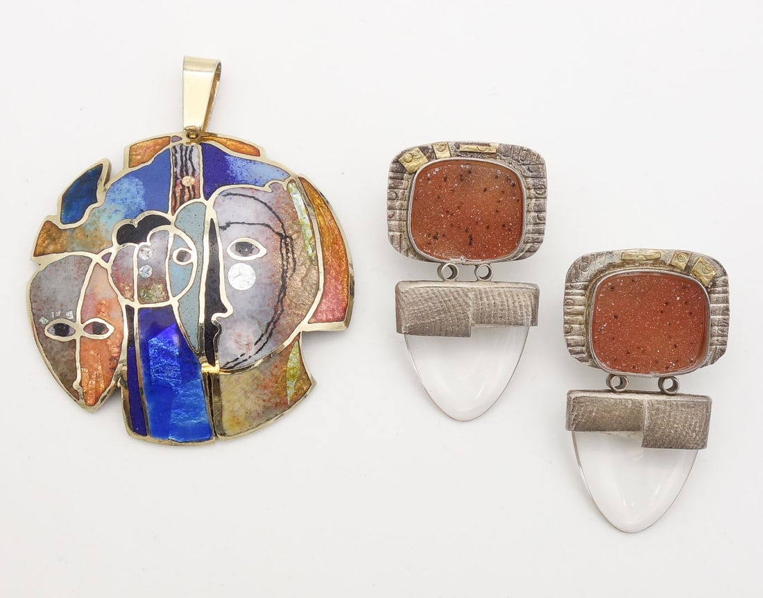 Vintage Studio Silver Druzy Earrings and Walter Belizario Signed Champleve Enamel Pendant (1 of 3)