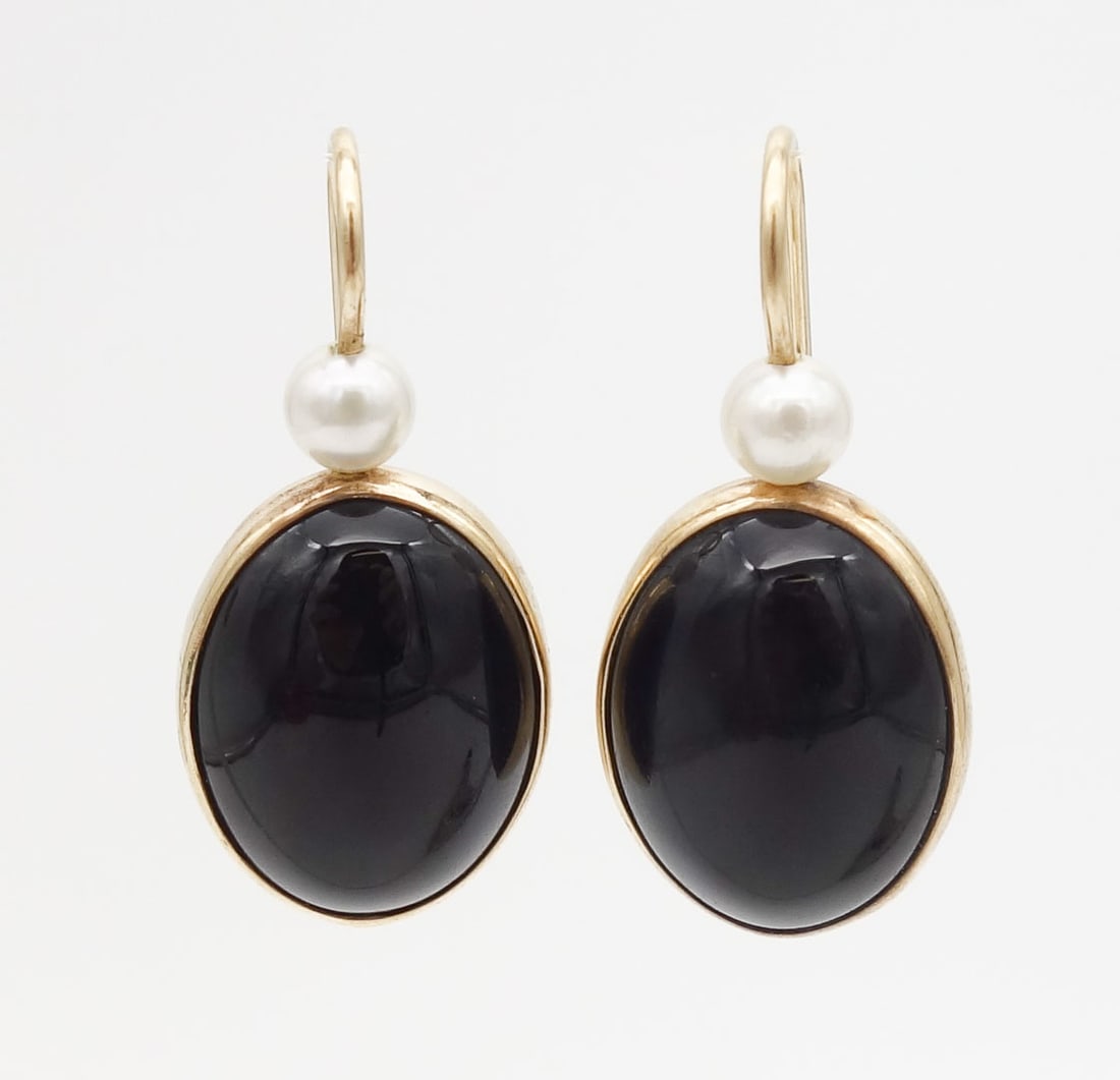 Vintage 14K Gold Ed Levin Pearl Onyx Cabochon Dangle Earrings (1 of 3)