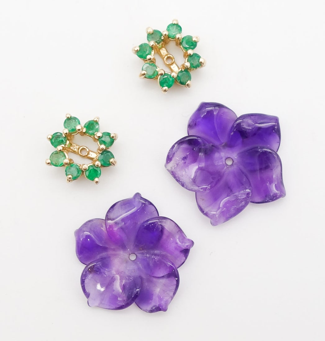 Vintage Lot of 2 Pair 14K Gold Natural Emerald and Carved Amethyst Blossom Stud Earring Enhancers (1 of 2)