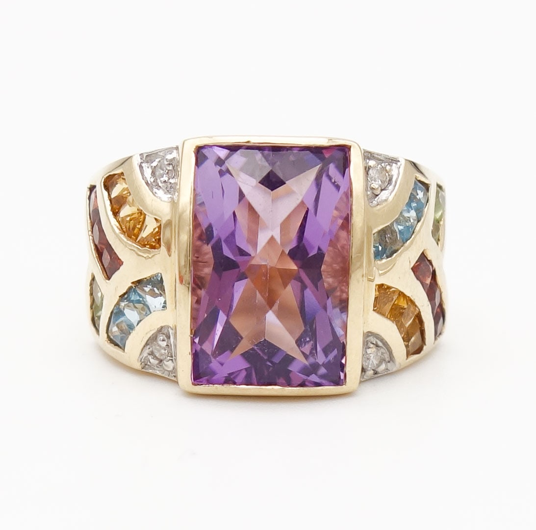 Designer John C Rinker 14K Gold Amethyst Diamond Citrine Topaz Garnet Ring Size 5.25 (1 of 5)