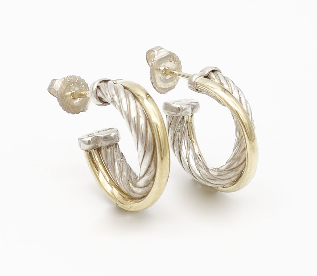 Designer David Yurman Crossover Collection Sterling Silver 18K Gold Hoop Earrings: This is a pair of designer sterling silver and 18K gold hoop earrings from the Crossover Collection by David Yurman. Each is 17.8mm diameter. The total weight of the pair is 7.9g.