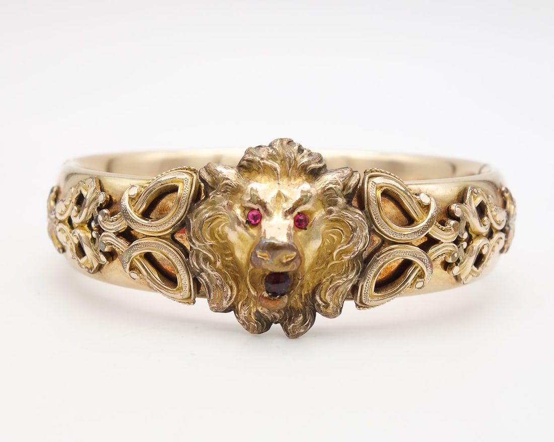 Antique Victorian Gold GF Jeweled Lion's Head Ornate Cuff Bracelet (1 of 8)
