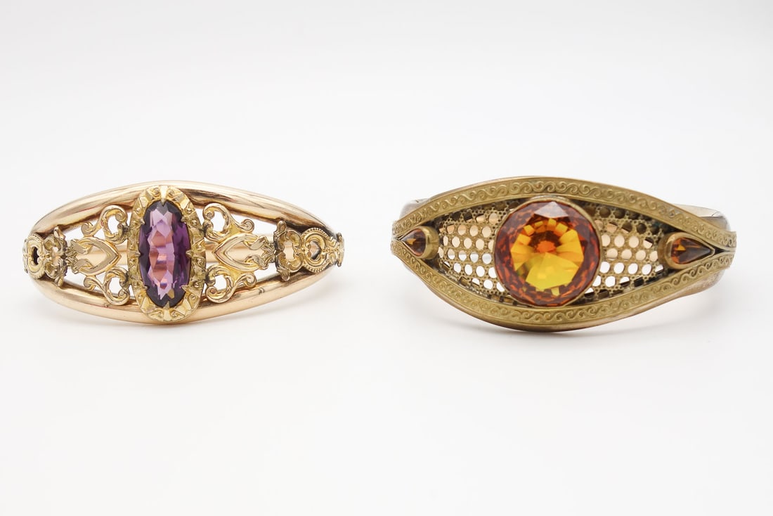 Antique Lot of 2 Victorian Large Jeweled Ornate Gold GF Filigree Cuff Bracelets (1 of 7)