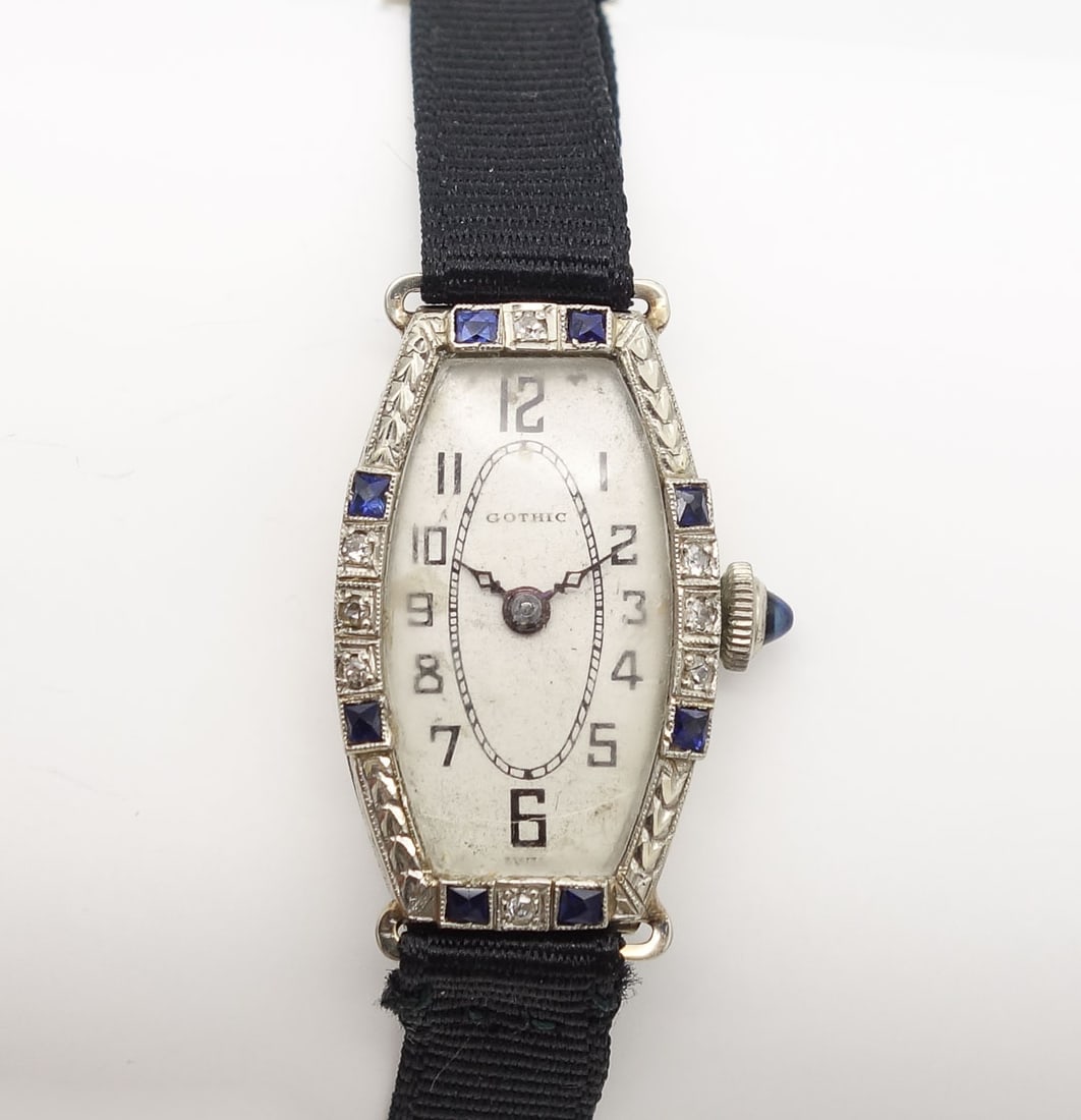 Vintage Art Deco 18K Gold Diamond Sapphire Gothic 15J Ladies Wristwatch w Orig Box (1 of 8)