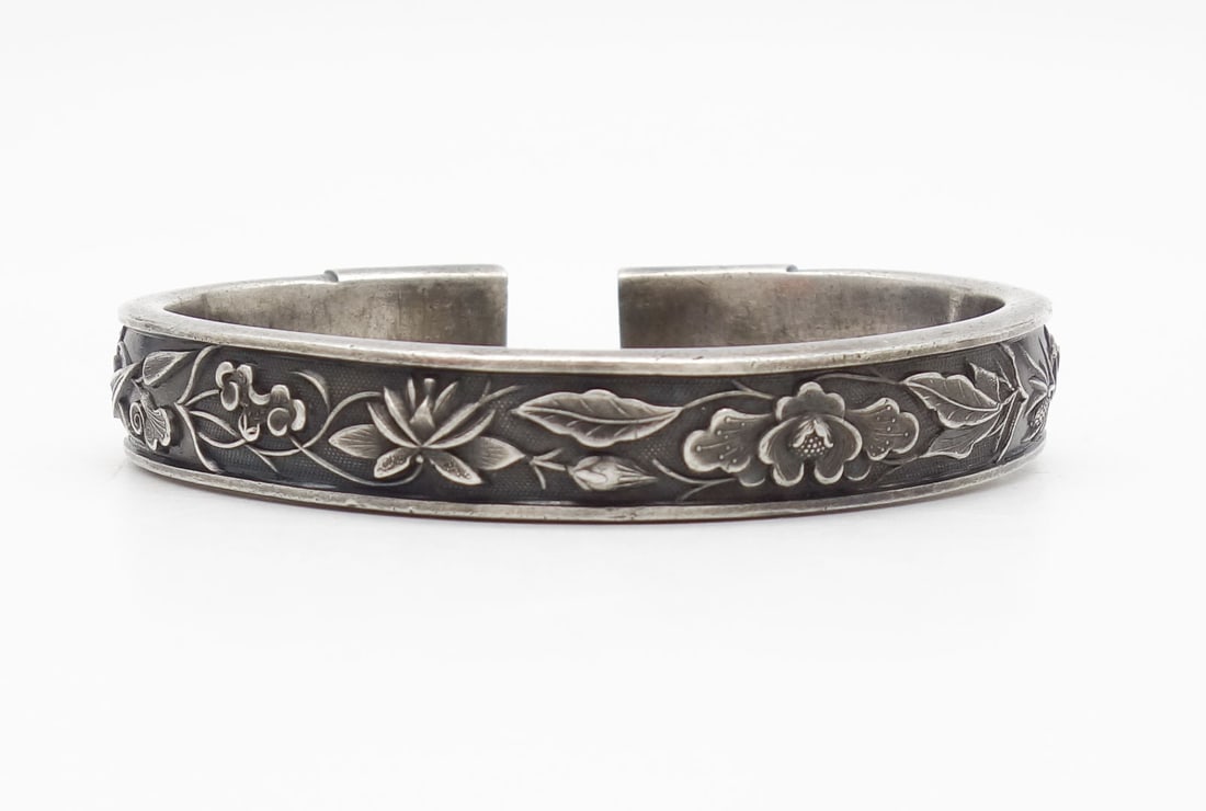 Antique Chinese Export Silver Heavy Bracelet w Bird, Flower, Leaf, Insect Motif (1 of 6)