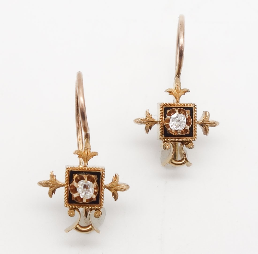 Antique Pair 14K Gold Diamond Enamel Etruscan Revival Dangle Earrings (1 of 3)