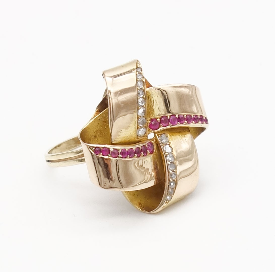 Vintage Retro 14K Rose Gold Ruby Diamond Ribbon Weave Ring Size 8 (1 of 7)