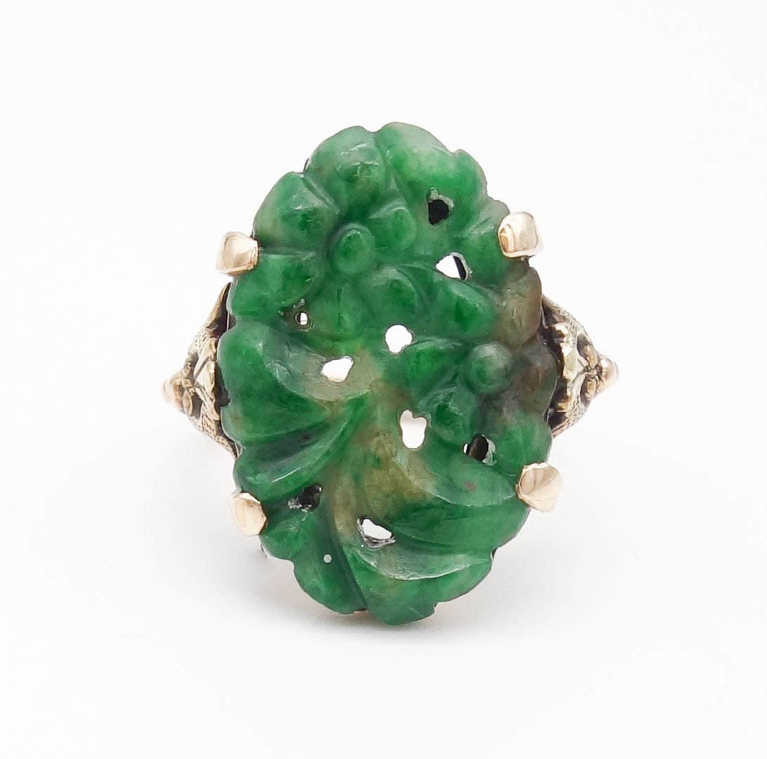 Antique 14K Gold Carved Pierced Floral Motif Green Jadeite Ring Size 6.75 (1 of 5)