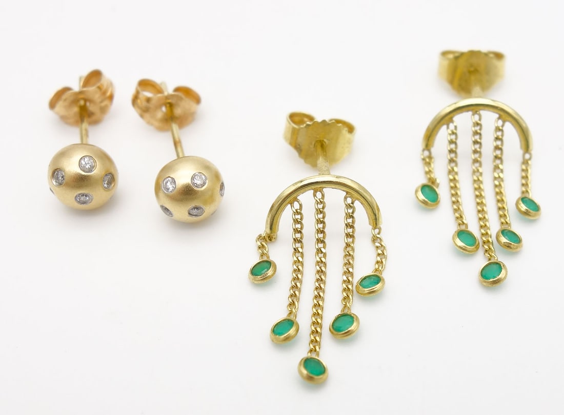 Vintage Two Pair 14K Gold Emerald Dangle and Diamond Earrings (1 of 2)