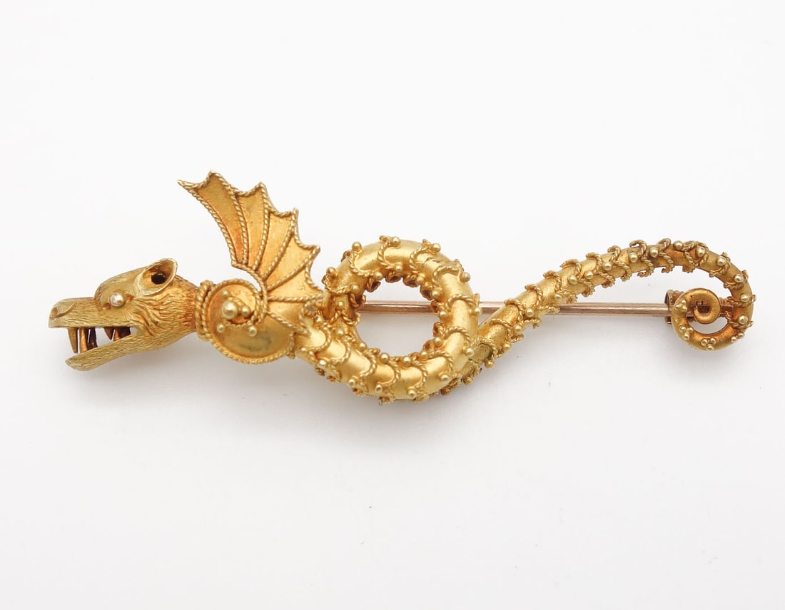 Antique Etruscan Revival 14K Gold Victorian Dragon Brooch (1 of 4)