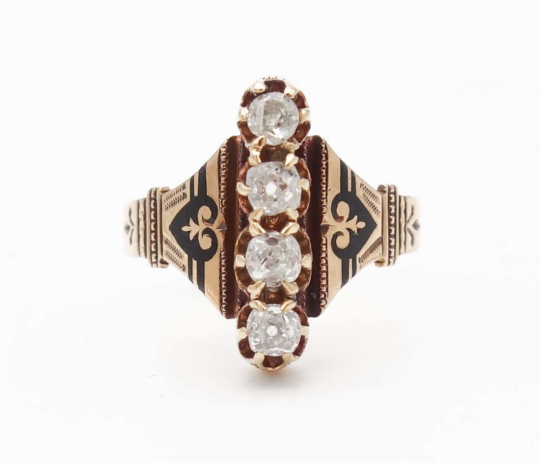 Antique Renaissance Revival 14k Gold Enamel 4 Diamond Ladies Ring w Provenance (1 of 10)