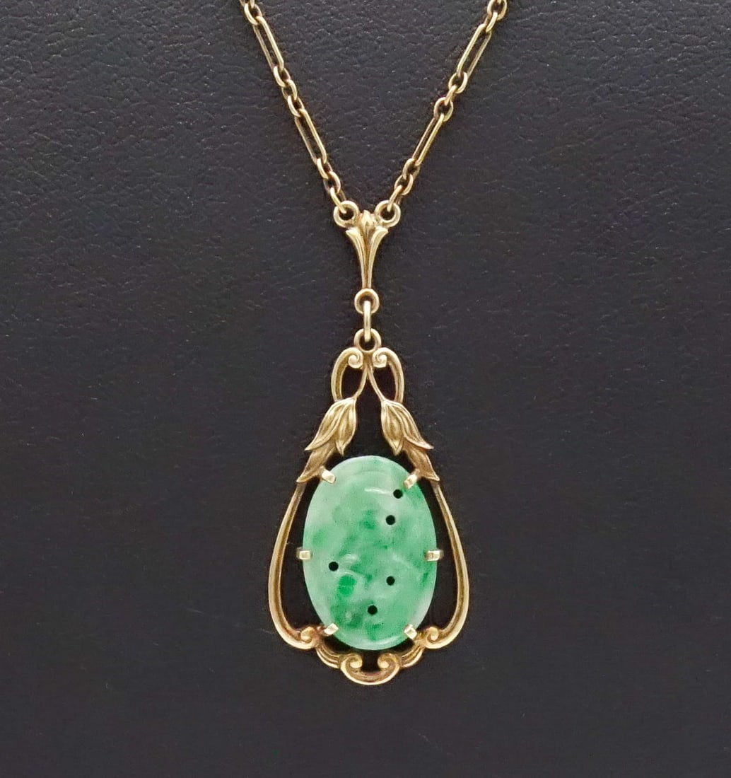 Antique 14K Gold Chinese Carved Jadeite Lavaliere Necklace (1 of 5)