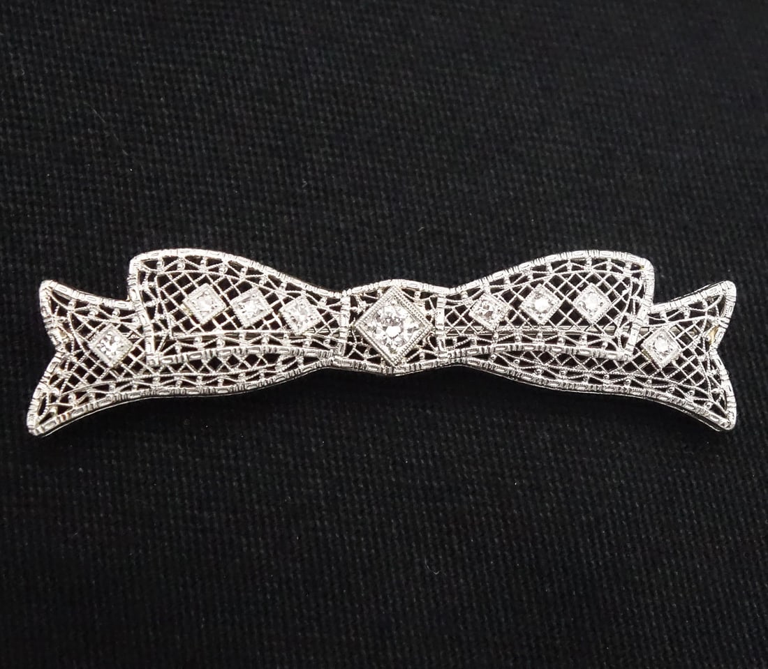 Antique Art Deco 14K White Gold Diamond Bow Brooch Pin (1 of 4)