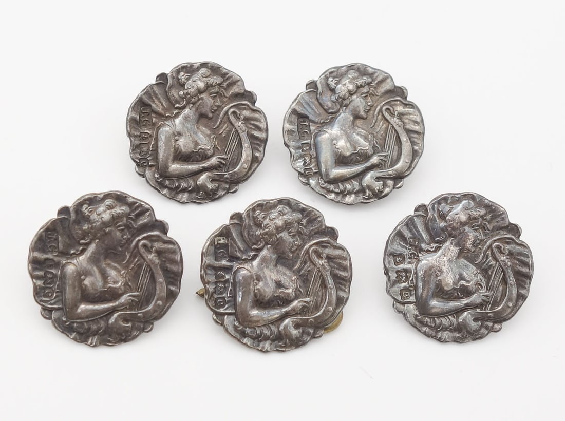 Antique 1902 Birmingham England Joseph Gloster Set of 5 Sterling Silver Fairy and Harp Buttons (1 of 3)