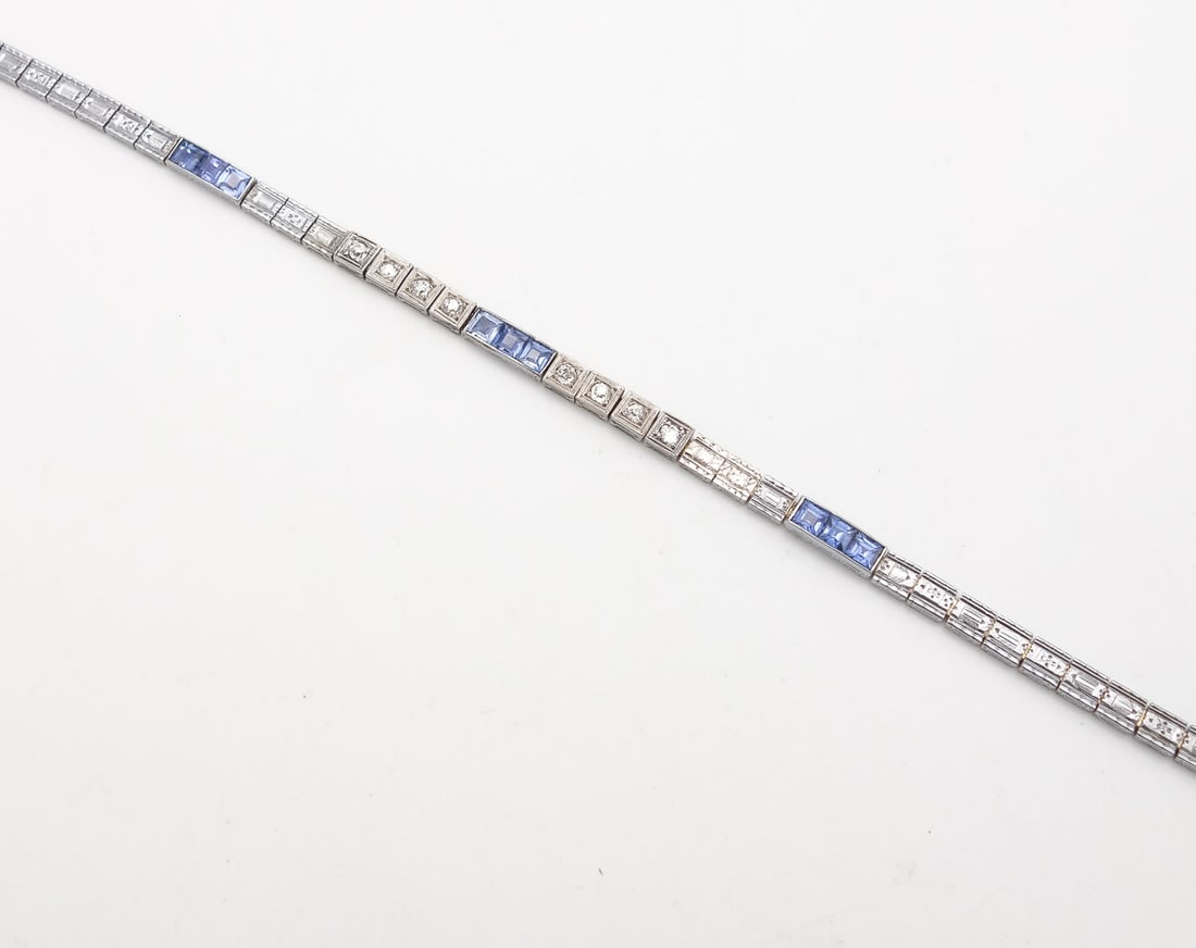 Antique Art Deco 14K White Gold Blue Sapphire Diamond Line Bracelet (1 of 5)