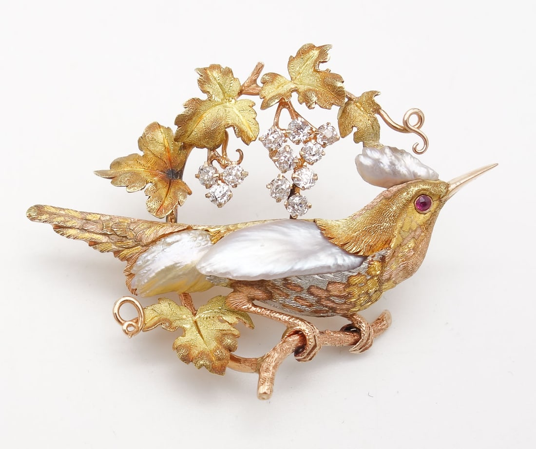 Vintage 14K Gold Diamond Pearl Body Bird Brooch Pin Firestone and Parsons Makers (1 of 6)