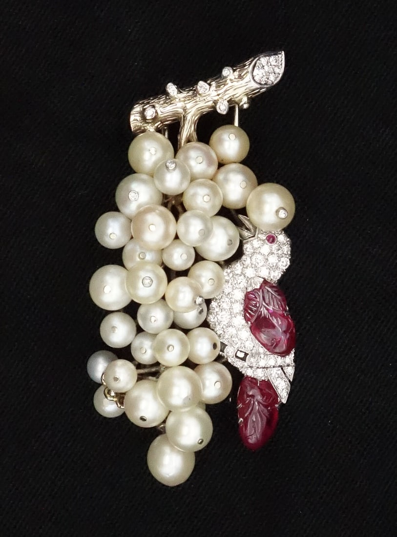Antique Marchak Paris Platinum Diamond Ruby Pearl Bird In Grapes Clip Brooch (1 of 10)
