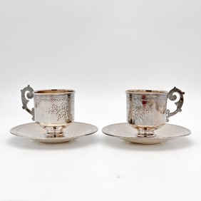 Two antique 19th Century Russian Imperial 84 Silver Cup and Saucer sets