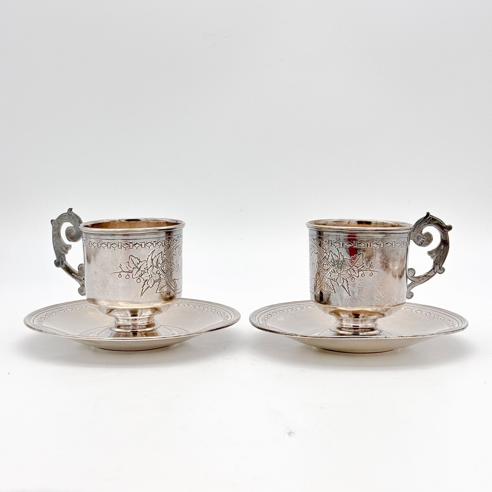 Two antique 19th Century Russian Imperial 84 Silver Cup and Saucer sets (1 of 14)