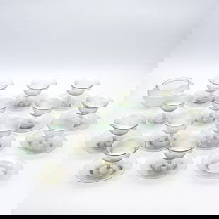 28 pc Steuben Dinnerware Set: 28 pc Steuben Dinnerware Set Verre De Soie Compote (Silk Glass) 14 Saucers, 13 Goblets, 1 Bowl. This Lot is unsigned but we have confirmed the Sherbet documented as Steuben Catalog number 2680