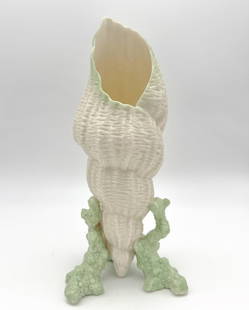 Belleek, 2nd Black Mark Painted Green Coral Shell Vase: Belleek, 2nd Black Mark Painted Green Coral Shell Vase 2nd Black Mark, 1891 - 1926 9 x 4.25 x 4.5 in.