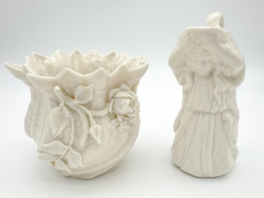 Belleek, 3rd Black Mark Unfooted Flowered Jardiniere and Woman Jug
