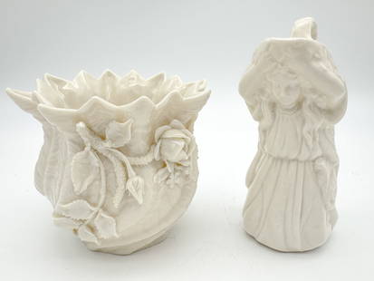 Belleek, 3rd Black Mark Unfooted Flowered Jardiniere and Woman Jug: Belleek, 3rd Black Mark Unfooted Flowered Jardiniere and Woman Jug 3rd Black Mark, 1926 - 1946 Pitcher: 5 x 2.75 x 2 in., Bowl: 3.625 x 4.125 in.