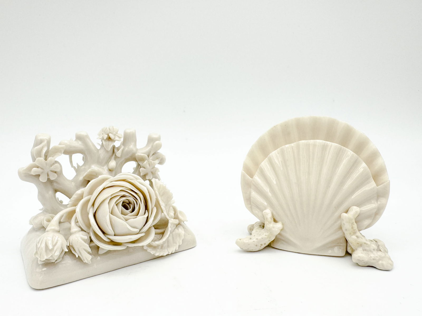 Lot of two Belleek, 1st Black Mark Flowered Menu Holder and 2nd Black Mark Coral Shell Menu Holder (1 of 5)