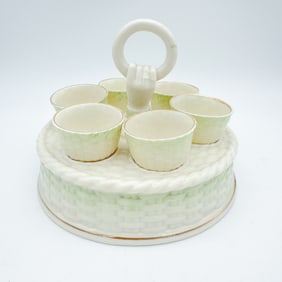 Belleek, 2nd Green Mark Gilded Green Basket Egg frame and accompanying cups