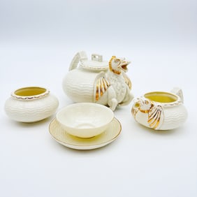 Belleek, 5pc Gilded Chinese Dragon Tea Ware Set