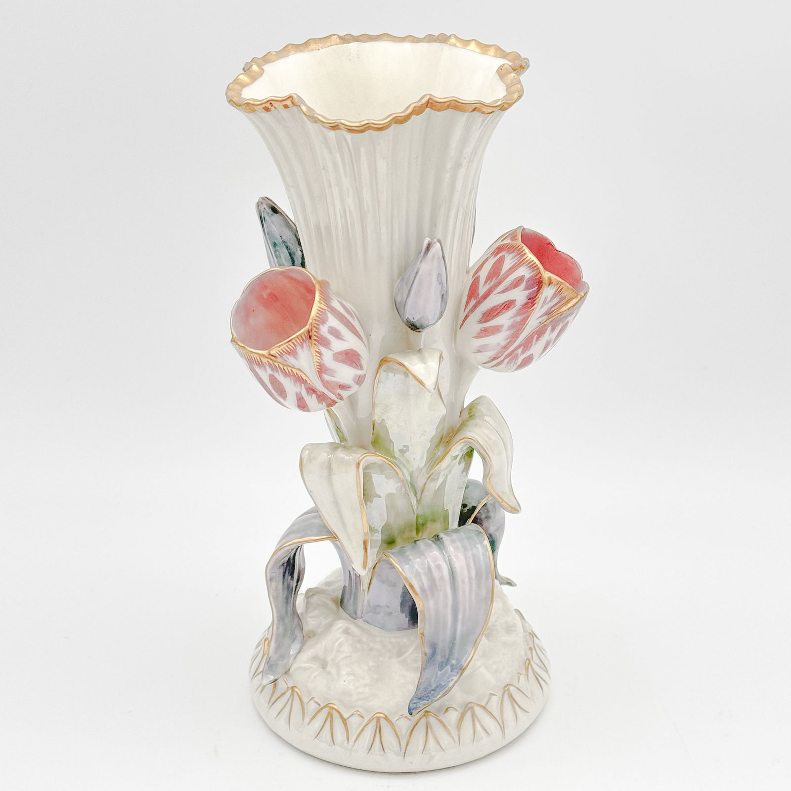 Belleek, 1st Black Mark Painted and Gilded Triple Tulip Vase (1 of 8)
