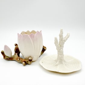 Lot of Two Bellek, 1st Black Mark Coral Ring Stand and 2nd Black Mark Rare Painted Single Root Spill