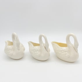 Lot of three Belleek Swans, 2nd Black Mark, 3rd Black Mark, 1st Green Mark