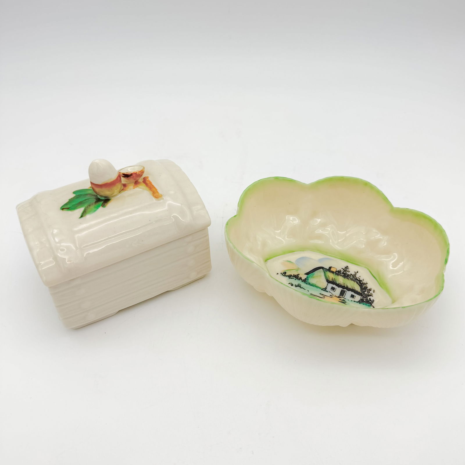 Lot of two Belleek, 3rd Black Mark, Painted Shell Plateaux and Painted Acorn Trinket Box (1 of 10)