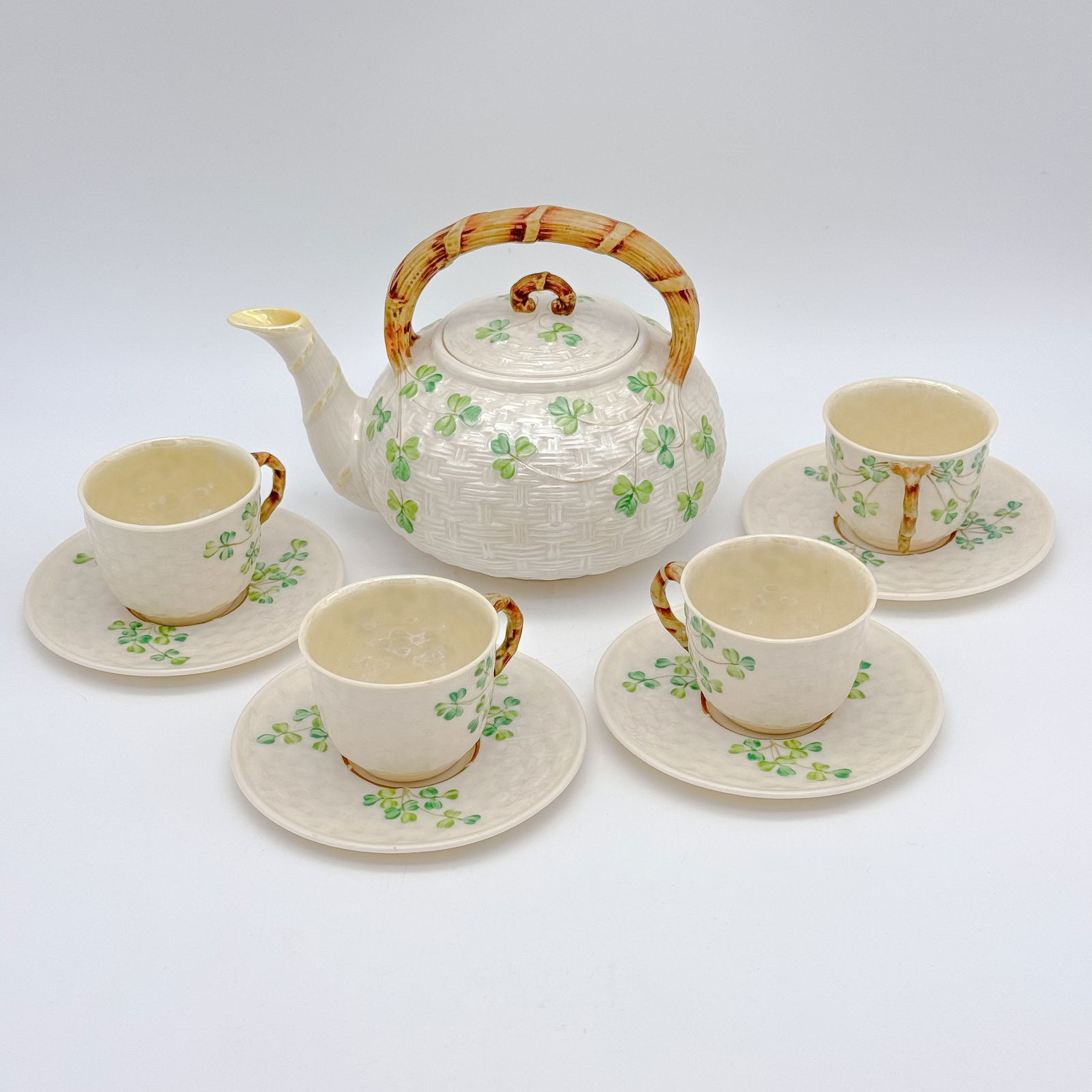 Belleek, 3rd Black Mark, 9 pc Shamrock Kettle, Cups and Saucers (1 of 9)