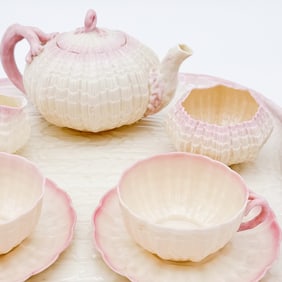 Belleek, 1st Black Mark, 2nd Black Mark, 8 pc Pink Tridacna Tea Ware