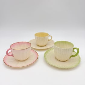 Lot of Three Belleek 2nd Black Mark, 3rd Black Mark, Tea Cup and Saucer sets, Green Limpet and